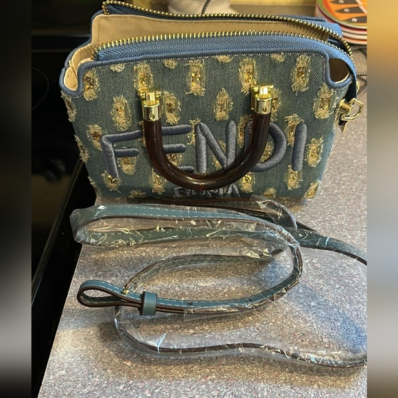 Fendi Denim Embroidered Roma Satchel with Gold Accents With Box - Picture 2 of 6